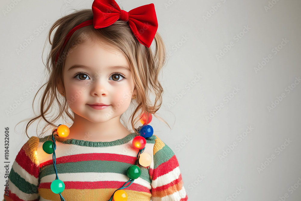 Smiling girl wearing a colorful sweater, red bow and colorful Christmas lights. Christmas and New Year holiday background. Xmas greeting card. Space for text. Smiling girl wearing a colorful sweater, red bow and colorful Christmas lights. Christmas and New Year holiday background. Xmas greeting card. Space for text.