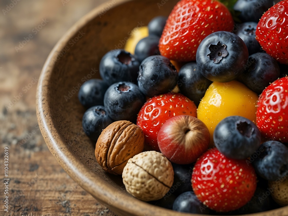 Bowl of fruit with blueberries, strawberries, and nuts. Bowl of fruit with blueberries, strawberries, and nuts.