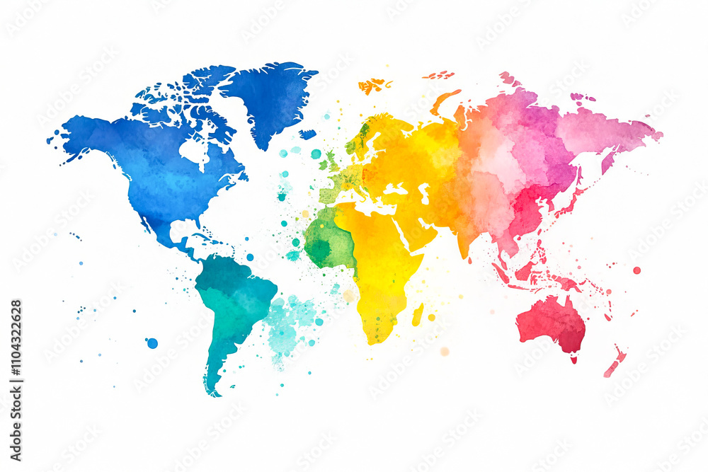Fototapeta premium Colorful watercolor world map with vibrant splash patterns
