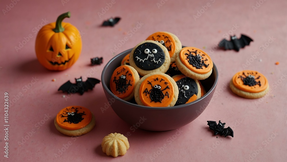 Bowl of Halloween cookies on a pink background. Bowl of Halloween cookies on a pink background.
