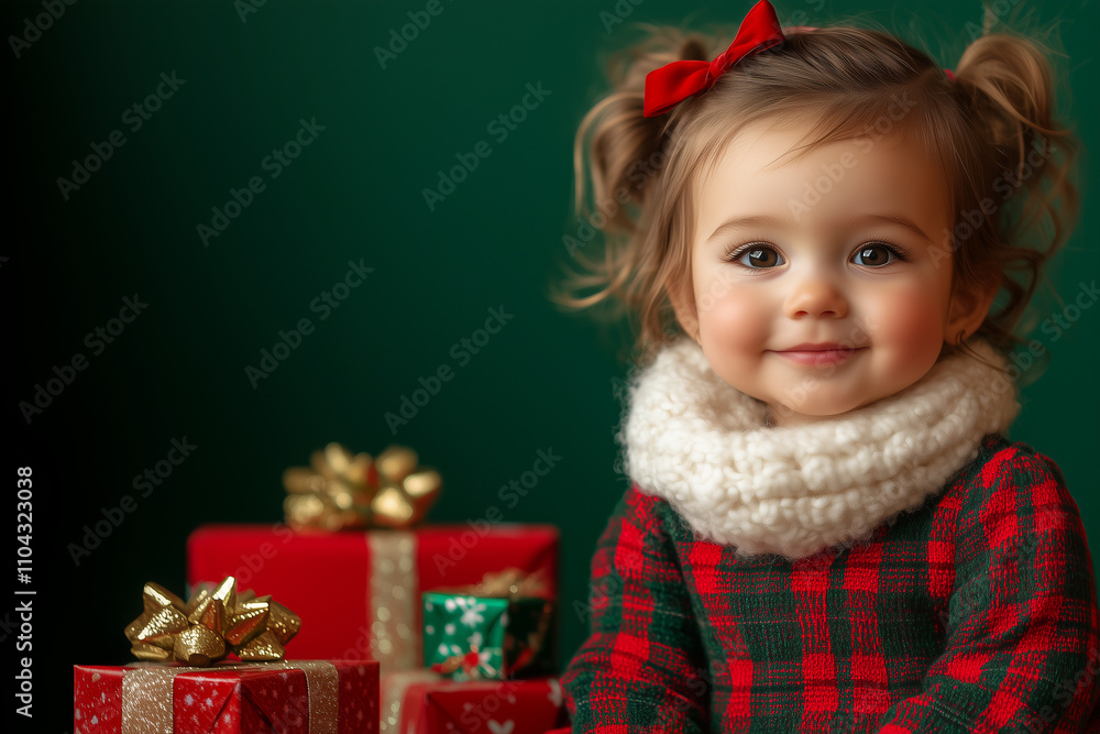 Litlle girl smiling next to Christmas gifts wearing red dress and white scarf. Litlle girl smiling next to Christmas gifts wearing red dress and white scarf.