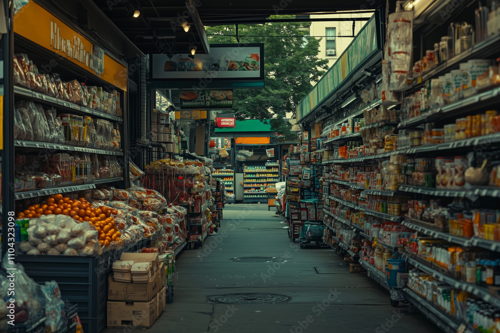 Fototapeta premium Stunning contrast of luxury grocery aisles and vibrant city market ambiance