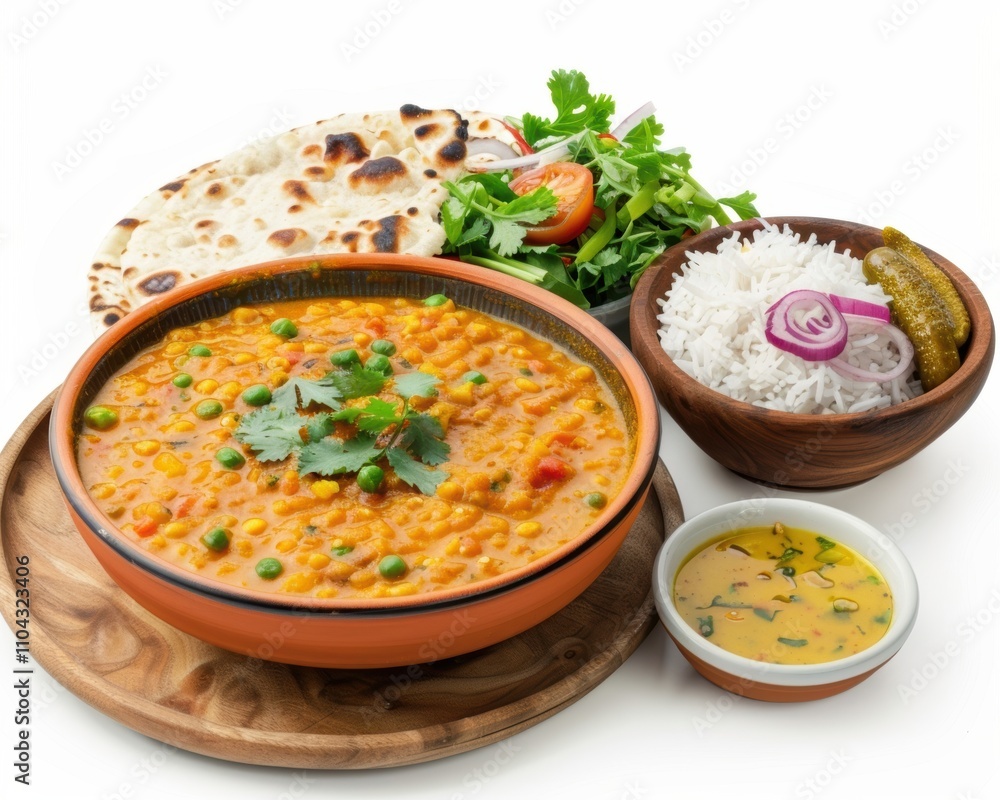 A vibrant vegetarian meal featuring lentil curry, rice, flatbread, and fresh salad garnished with herbs.