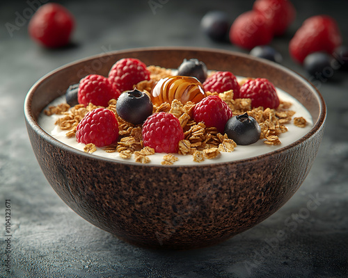 Yogurt parfait with granola, raspberries, blueberries, and honey. photo