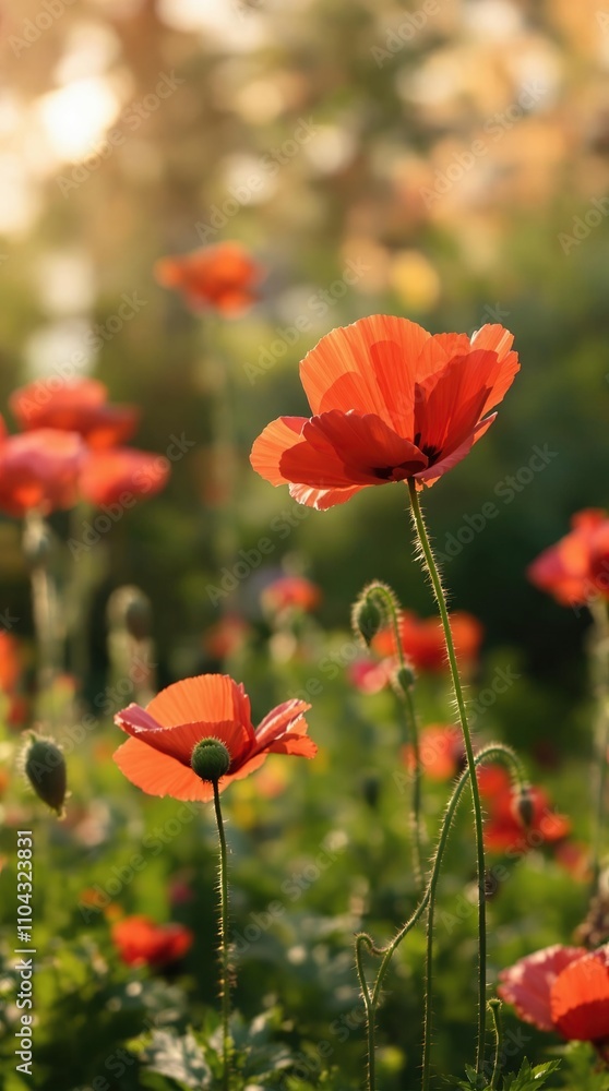 Fototapeta premium The delicate petals of the red poppies are highlighted against a soft focus background in a serene summer scene, flower details, close-up, soft focus