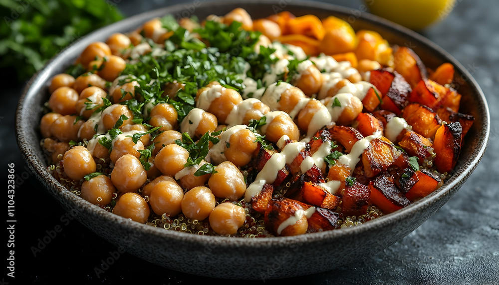 Roasted butternut squash, chickpeas, and quinoa bowl with tahini dressing. Roasted butternut squash, chickpeas, and quinoa bowl with tahini dressing.