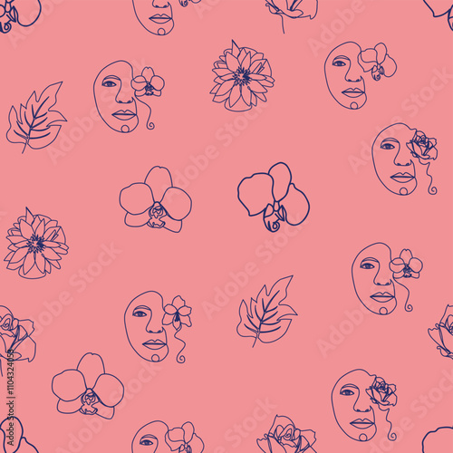 Woman face Continuous line seamless pattern. Abstract Female portrait with flowers. Drawing vector Wallpaper, fabric, wrapping paper, card, poster