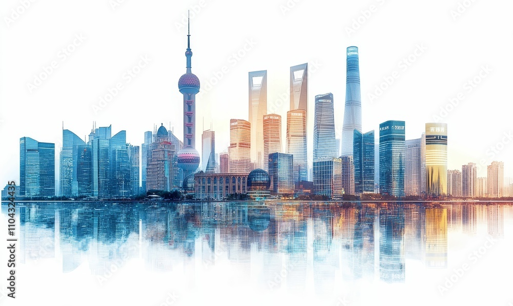 Fototapeta premium Shanghai skyline, modern architecture, water reflection.