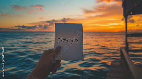 Hand holding "I Love You" note with sunset background.