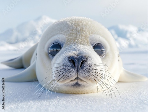 Close up of weddell seal with large eyes lounging on frozen water, marine animal, white background, fur, polar region photo