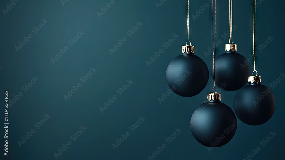 Elegant Dark Christmas Ornaments Hanging on a Blue Background Elegant Dark Christmas Ornaments Hanging on a Blue Background