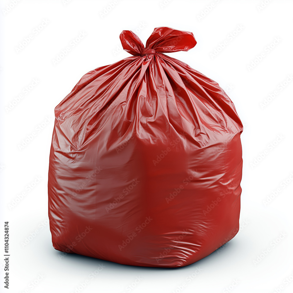 Bright red garbage bag stands alone on a clean white background