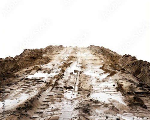 A muddy, wet dirt road stretches into the distance, creating a dramatic perspective against a white backdrop. photo