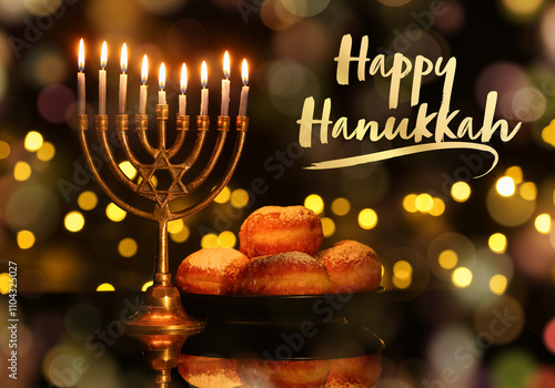 Menorah with burning candle...