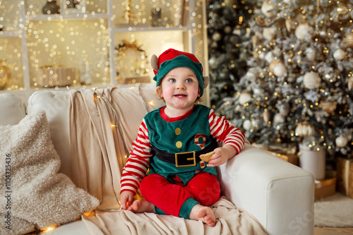 Cute baby boy on background with Christmas tree toys, traditional Christmas costume. New Year holidays. The first new year for a baby.