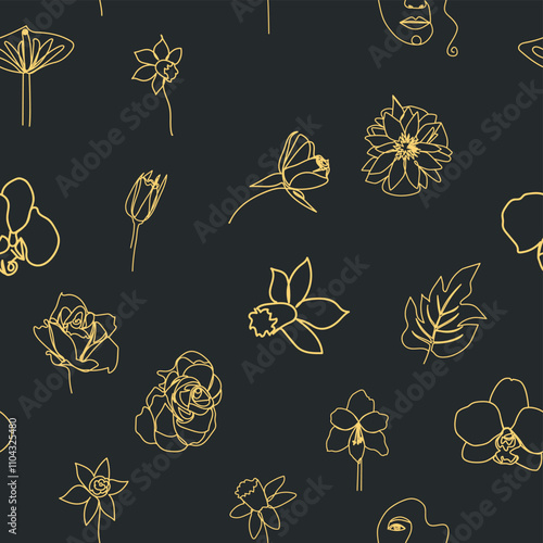 Woman face Continuous line seamless pattern. Abstract Female portrait with flowers. Drawing vector Wallpaper, fabric, wrapping paper, card, poster