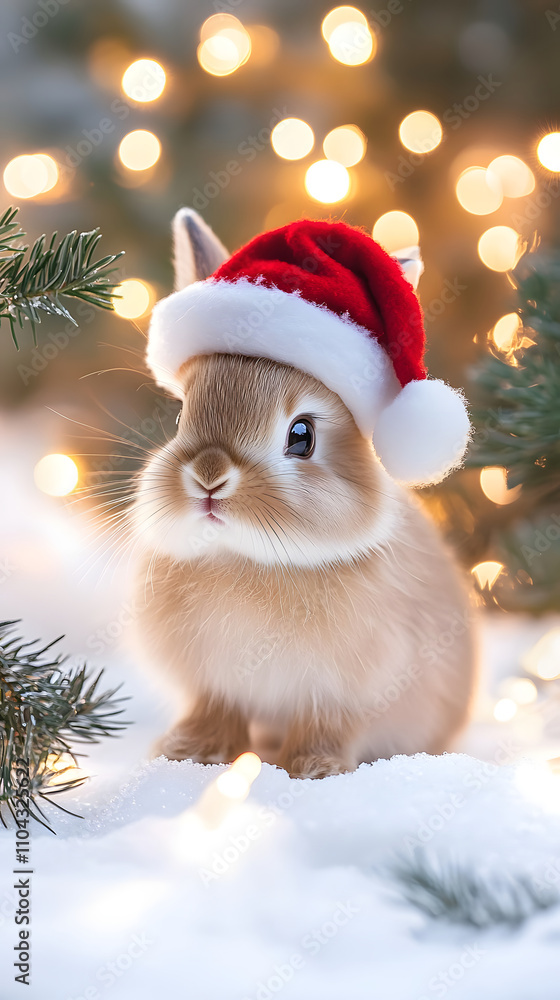 A cute bunny with a Santa hat sits in a snowy landscape surrounded by festive lights. A cute bunny with a Santa hat sits in a snowy landscape surrounded by festive lights.