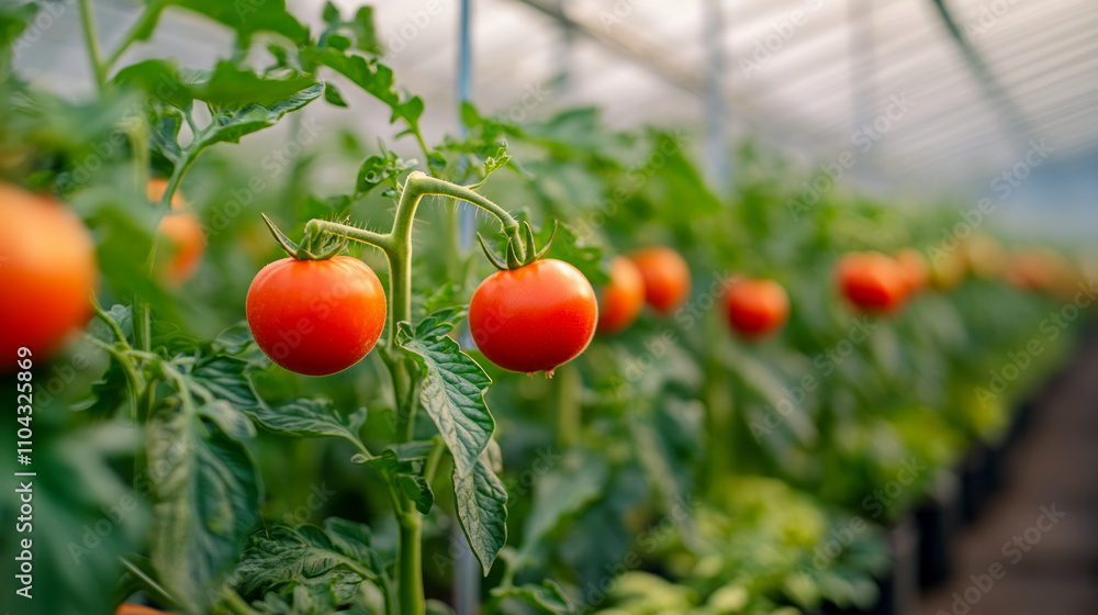 Ripe tomatoes in a sunlit greenhouse garden Ripe tomatoes in a sunlit greenhouse garden