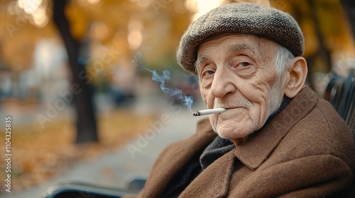 Elderly Man Sitting Outdoors With a Cigarette, Enjoying the Autumn Scenery in a Park During Golden Hour
