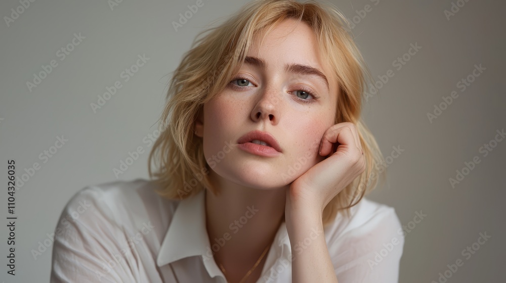 a woman with blonde hair and blue eyes wearing a white shirt against a white background a woman with blonde hair and blue eyes wearing a white shirt against a white background