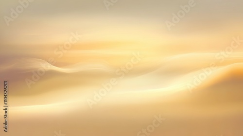 A tranquil abstract background with soft gradients of golden yellow fading into warm beige and misty white. The blurred textures and glowing edges evoke the peaceful beauty of dawn.