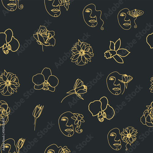 Woman face Continuous line seamless pattern. Abstract Female portrait with flowers. Drawing vector Wallpaper, fabric, wrapping paper, card, poster