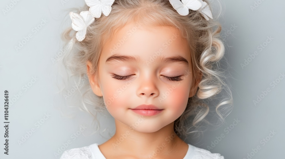 a little girl with her eyes closed and a flower in her hair, wearing a white dress against a light blue background a little girl with her eyes closed and a flower in her hair, wearing a white dress against a light blue background