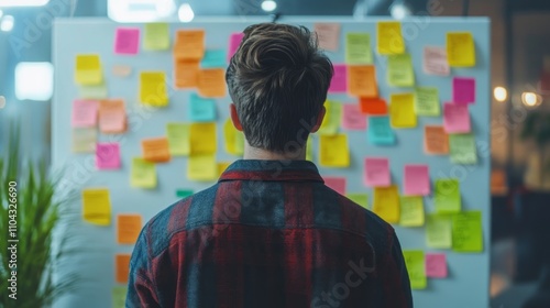 brainstorming session, using sticky notes on a task board (kanban) to organize ideas and workflow in a modern office