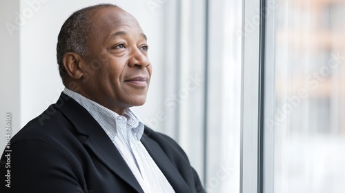  a man in a suit looking out a window with a smile on his face The background is slightly blurred, suggesting that the focus of the image is on the man, who is iden photo