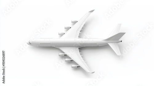  a white airplane flying in the sky on a white background The airplane is in the center of the image, with its wings spread wide and its engines roaring as it soars