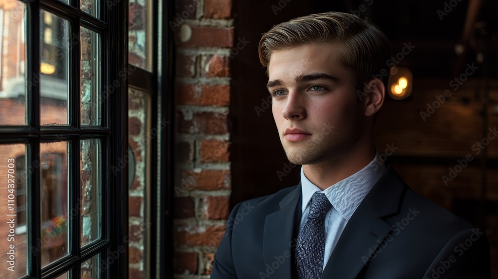 Fototapeta premium a man in a suit and tie standing in front of a window, with a brick wall behind him and lights illuminating the scene Through the window, a building can be seen in