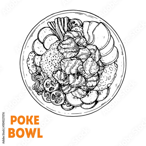 Poke Bowl sketch. Hawaiian Food vector illustration. Poke bowl dish. Food menu design element. Hand drawn sketch. Vintage style.