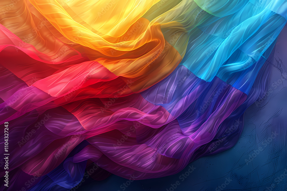 Obraz premium A vibrant wave of flowing silk in rainbow hues, blending seamlessly from warm yellows and oranges to cool blues and purples.