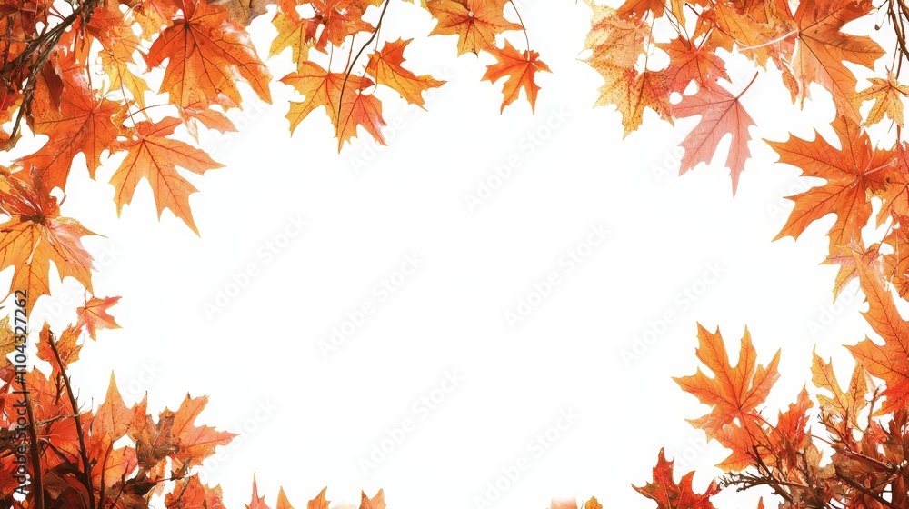 a frame of orange maple leaves on a white background, creating a beautiful autumnal scene The leaves are vibrant and full of life, with shades of red, orange, and a frame of orange maple leaves on a white background, creating a beautiful autumnal scene The leaves are vibrant and full of life, with shades of red, orange, and