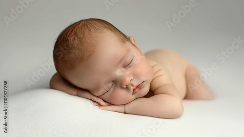  a newborn baby peacefully sleeping on a white blanket, with a blurred background