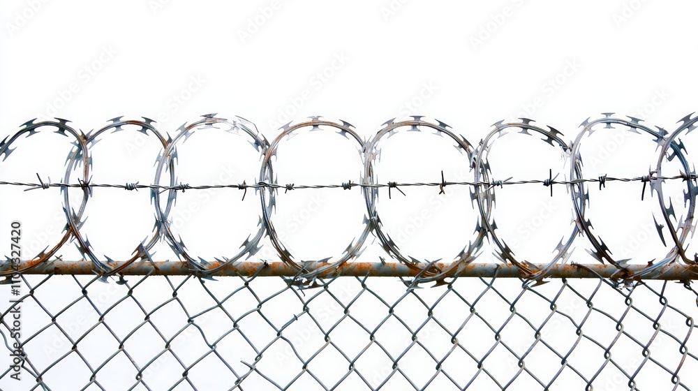 a chain link fence with barbed wire on top of it, set against a backdrop of a clear blue sky a chain link fence with barbed wire on top of it, set against a backdrop of a clear blue sky