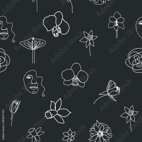 Woman face Continuous line seamless pattern. Abstract Female portrait with flowers. Drawing vector Wallpaper, fabric, wrapping paper, card, poster