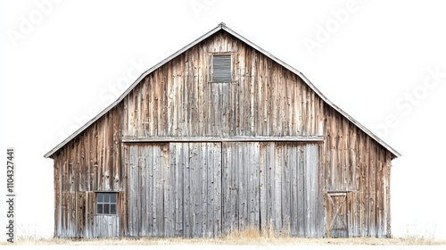  an old wooden barn in the middle of a field, surrounded by lush green grass and a bright blue sky The barn is made of wood and has a door and window, giving it a r