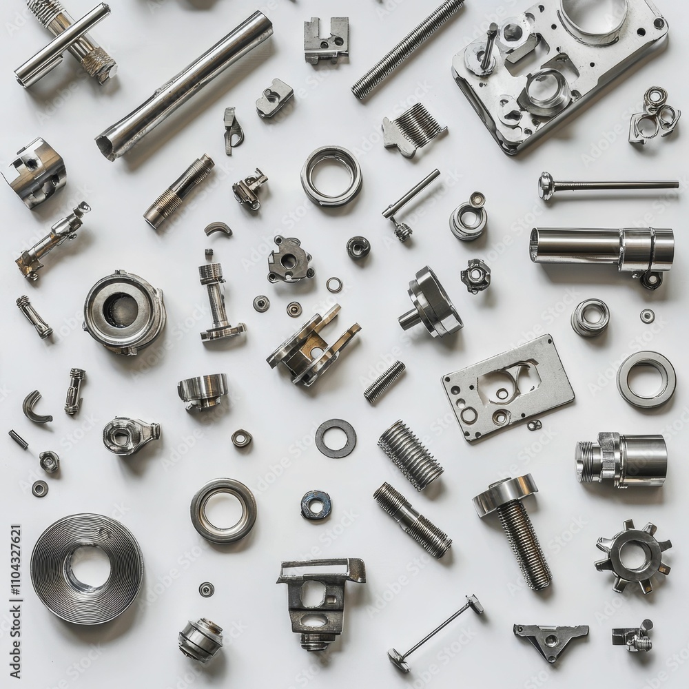 Assorted metallic machine parts on white background. Assorted metallic machine parts on white background.