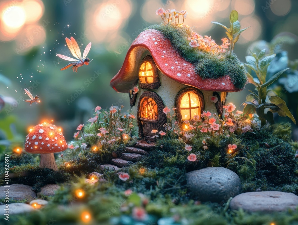 Obraz premium A whimsical fairy house surrounded by flowers and glowing lights.