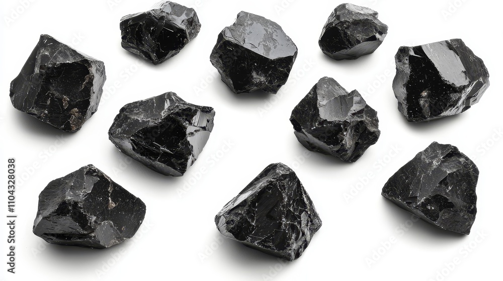 a group of black tourmaline crystals on a white background The crystals have a glossy, reflective surface and are arranged in a cluster, with some of them overlapp a group of black tourmaline crystals on a white background The crystals have a glossy, reflective surface and are arranged in a cluster, with some of them overlapp