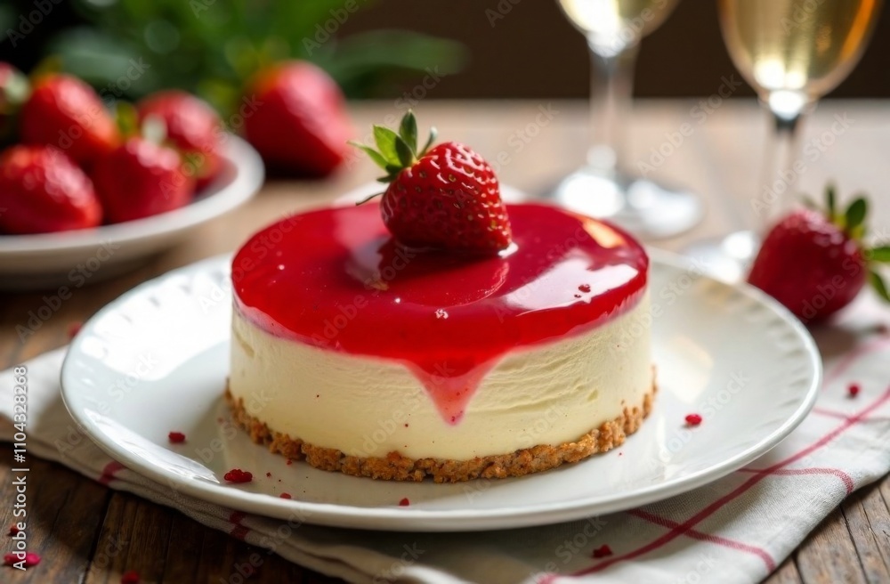 Cake in the shape of a heart, decorated with ripe strawberries. Champagne in glasses. Concept for Valentine's Day, Mother's Day, Birthday Cake in the shape of a heart, decorated with ripe strawberries. Champagne in glasses. Concept for Valentine's Day, Mother's Day, Birthday