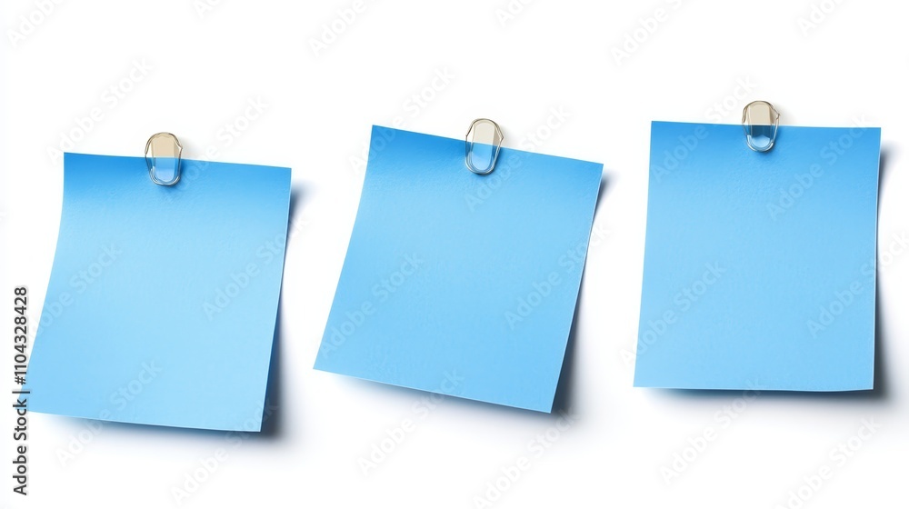 three blue sticky notes with paper clips attached to them, set against a white background three blue sticky notes with paper clips attached to them, set against a white background