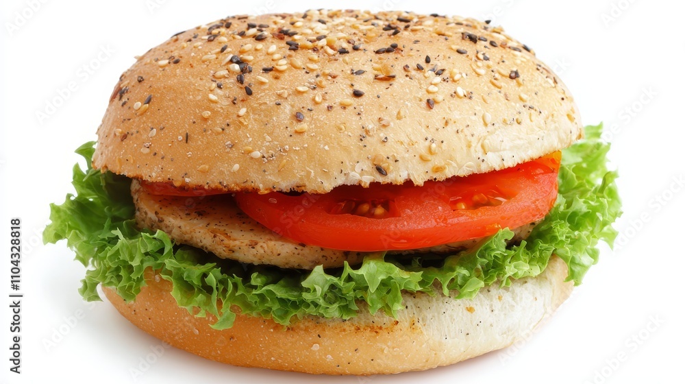 a chicken sandwich with lettuce and tomato on a sesame seed bun, set against a white background a chicken sandwich with lettuce and tomato on a sesame seed bun, set against a white background