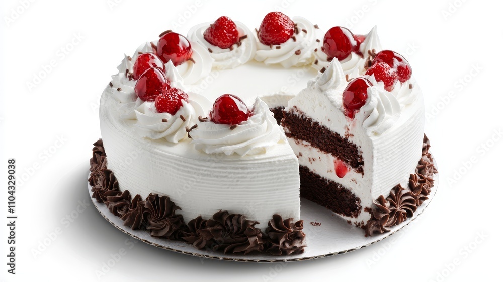 a black forest cake with a slice taken out of it, sitting on a white plate The cake is decorated with cherries, giving it a sweet and inviting look a black forest cake with a slice taken out of it, sitting on a white plate The cake is decorated with cherries, giving it a sweet and inviting look