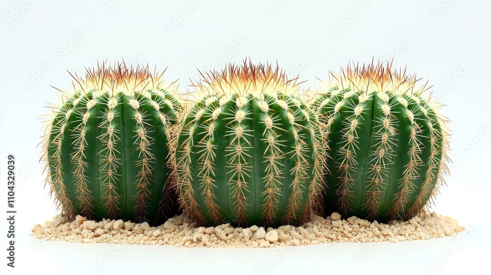 three cactus plants sitting on top of a white surface, surrounded by small stones The cacti are a vibrant green color, and the stones are a light tan color The ba three cactus plants sitting on top of a white surface, surrounded by small stones The cacti are a vibrant green color, and the stones are a light tan color The ba