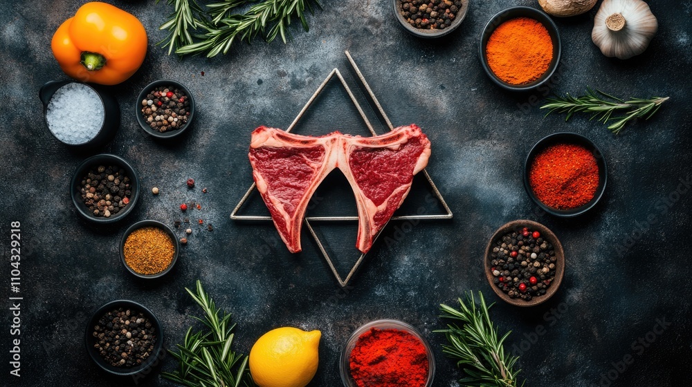 Fresh Meat Arrangement with Spices and Herbs on Dark Background Fresh Meat Arrangement with Spices and Herbs on Dark Background