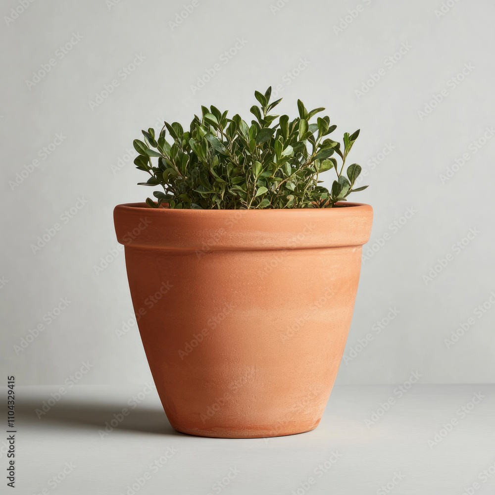 A charming terracotta pot with lush green foliage inside. isolated on white background. A charming terracotta pot with lush green foliage inside. isolated on white background.