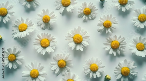  a bunch of white daisies with yellow centers on a light blue background