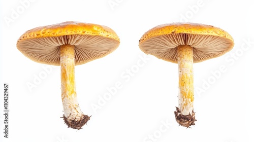  two orange mushrooms on a white background The mushrooms have a distinct orange cap with white spots, and the background is a solid white color